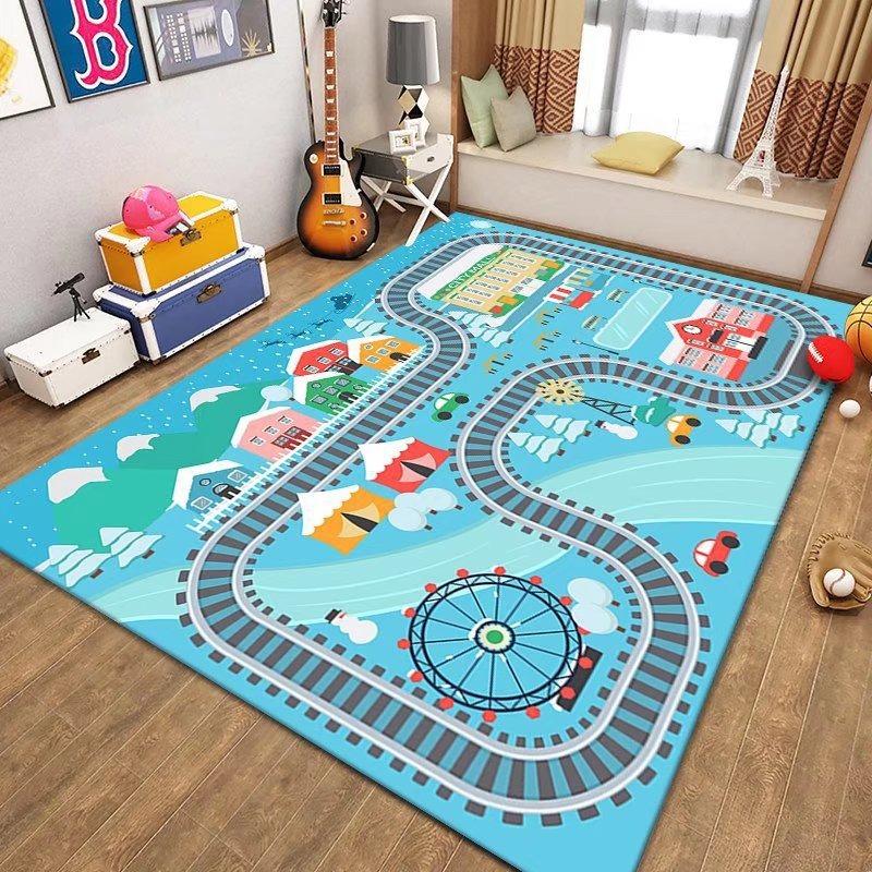 Kids Parking Lot Traffic Game Carpet Boy Car Cartoon Road Track Carpet Driveway Floor Mat Kids Game Crawl Floor Mat Home Decor