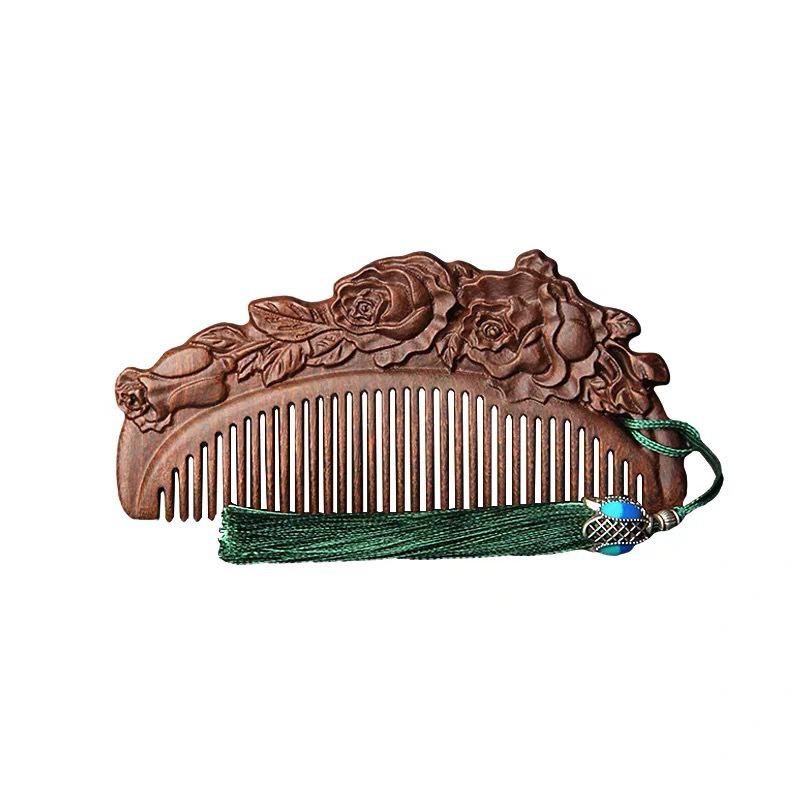 Black Gold Sandalwood Double-Sided Carved Women's Comb - Smooth Hair Care and Meridian Massage Portable Wooden Comb