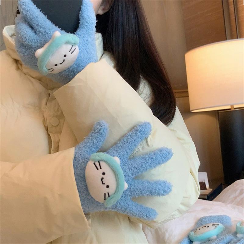 Cute Musical Kitten Cat Gloves Plush Coral Fleece Cold-Proof Gloves Student Winter Warmer Five-Finger Gloves Girl Christmas Gift