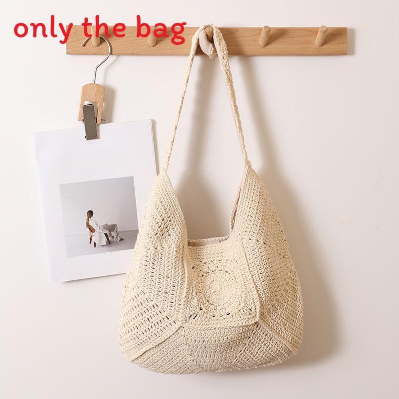Korean Vintage Hollowed Handwoven Cotton Tote Bag With Magnetic Closure For Casual Outings