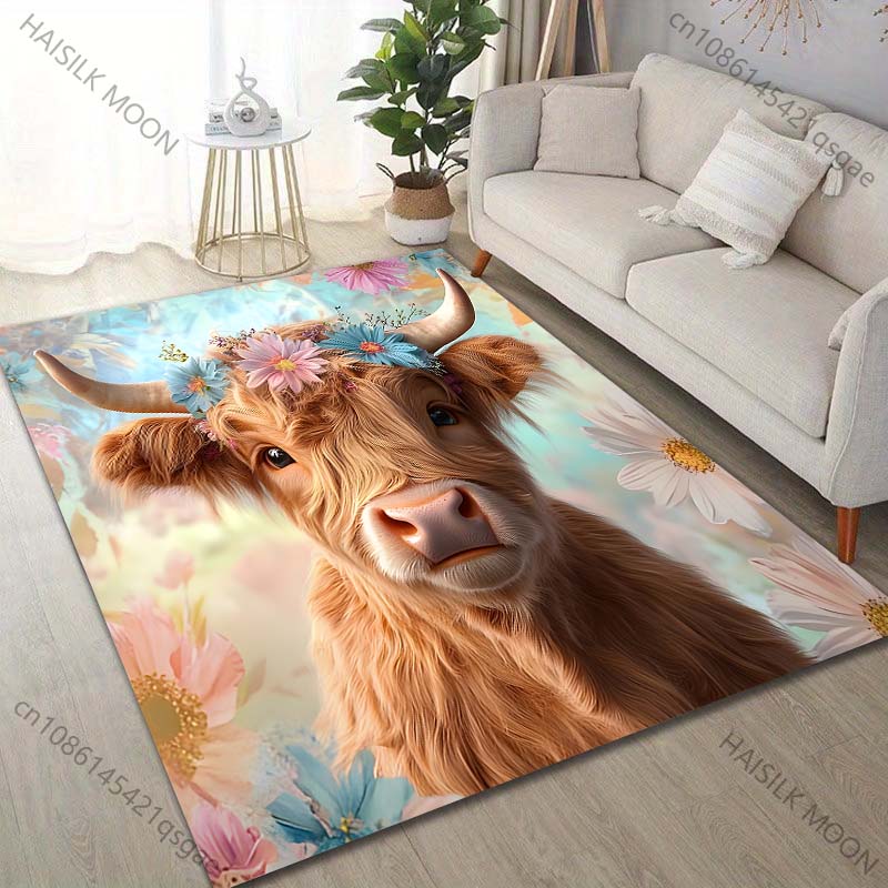 Multi-Size Highland Cattle Art Pattern Carpet for Living Room Bedroom Sofa Home Decor Non-slip Floor Mat Luxury Gift
