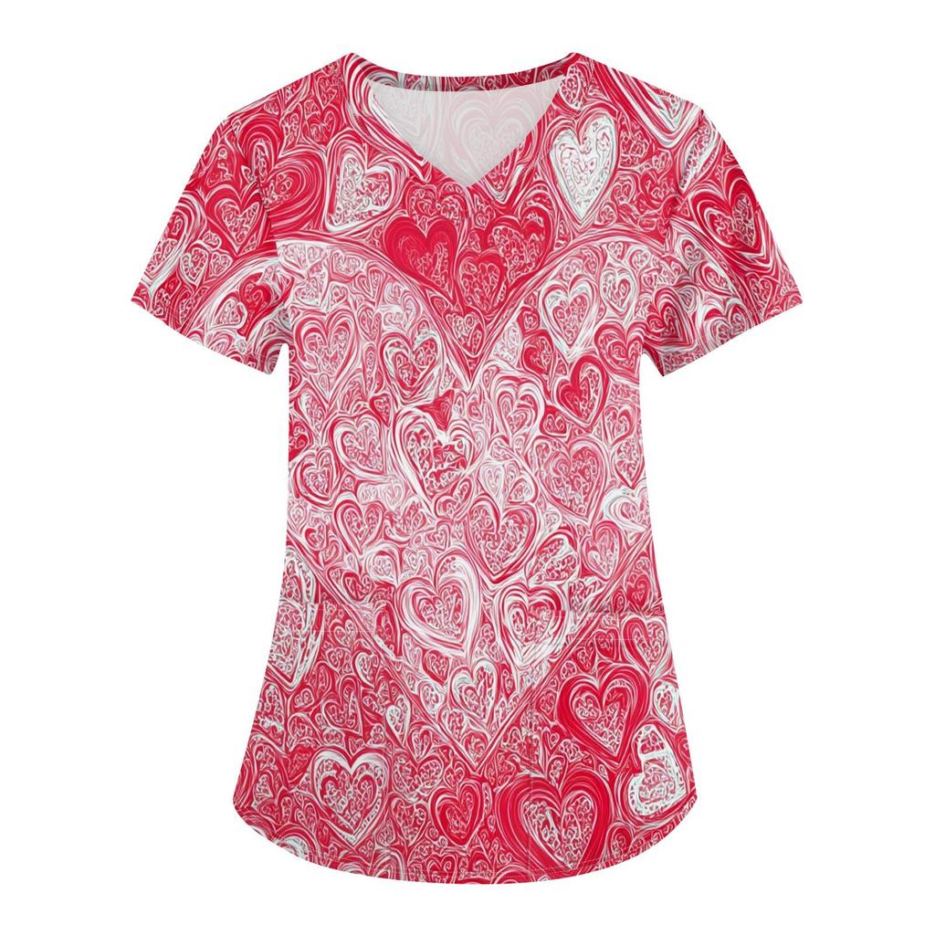 Women's Fashion V-neck Short-sleeved Work Clothes With Pockets Valentine's Day Print Top Care Wear