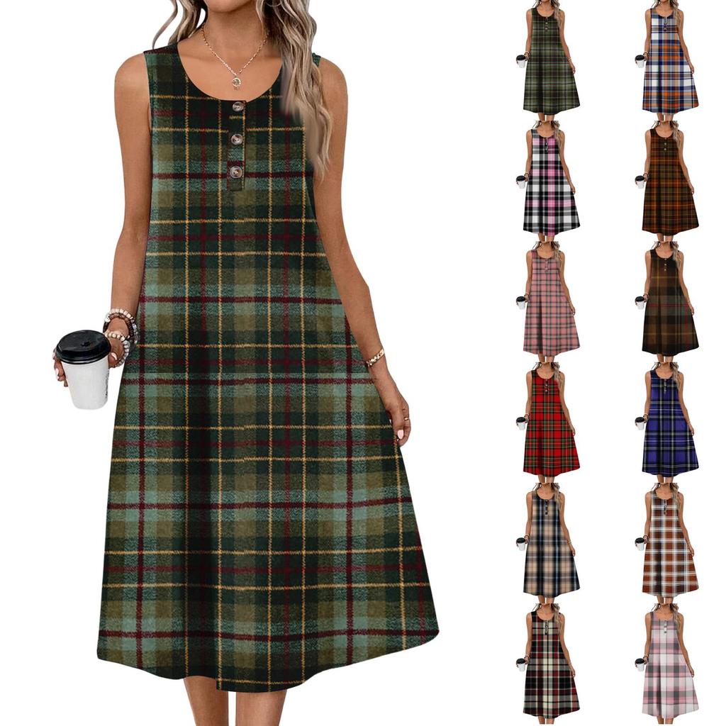 Damenmode lässiges ärmelloses Knopfdress mit Karomuster und Tasche