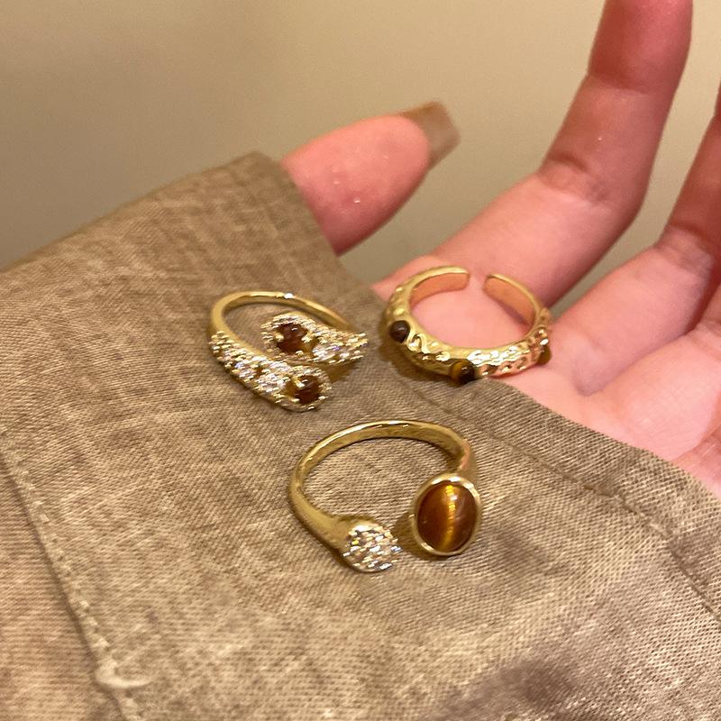 Real Gold Plated Tiger's Eye Zircon Open Bangle – Vintage Court-Style High-End Jewelry for Women.