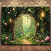 1 Stück Magischer Wald Hintergrundstoff, Polyesterfaser, märchenhafter Wald mit Blumen und Laternen, Geburtstagsparty