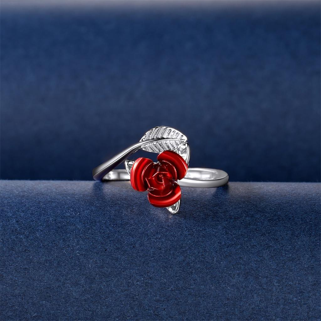 Leaf and Red Rose Flower Open Rings Cuff for Women Flower Charm Adjustable Size Love Romantic Birthday Jewelry GIft for Her