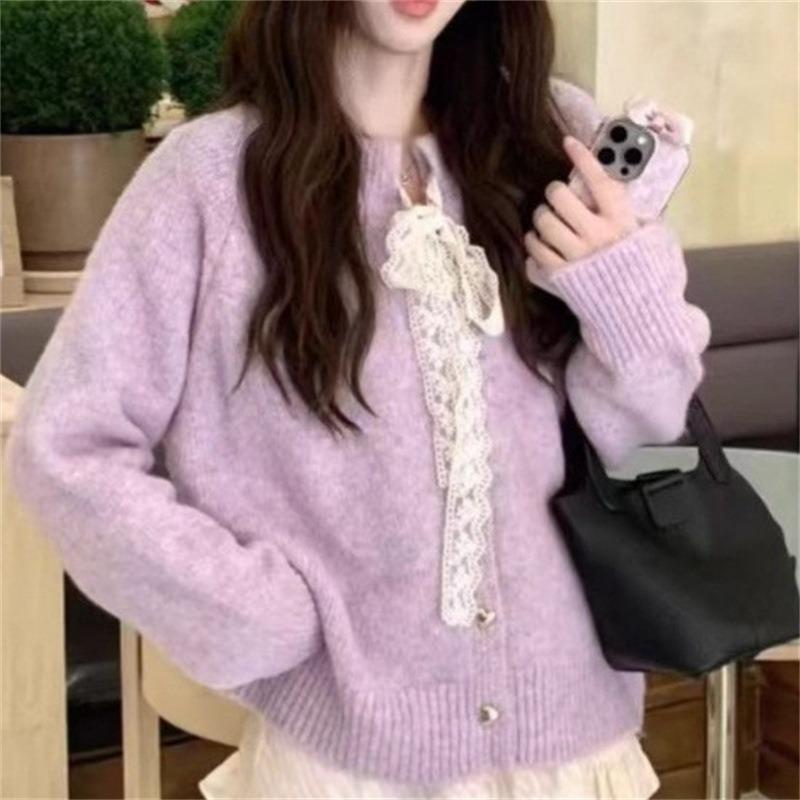 Crew Neck Bow Sweater Cardigan Women's Autumn and Winter Soft Waxy Lazy Wind Loose Knitted Jacket Thick