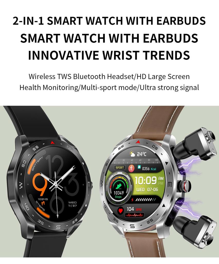Smartwatch with TWS Bluetooth Earbuds, 1.52'' IPS Screen, Wake-Up Feature, Dual Call, AI Voice T95