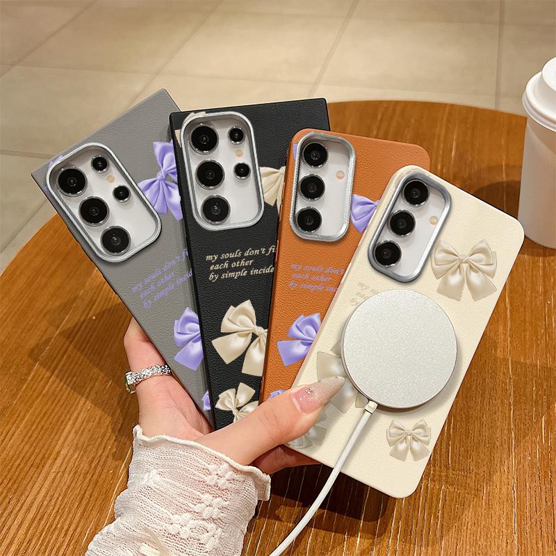 Bowknot Print TPU Soft Leather Texture Magnetic Case For Samsung S25 S24 FE S23 Ultra S22 S21 Wireless Charge Matte Shockproof Slim Phone Cover