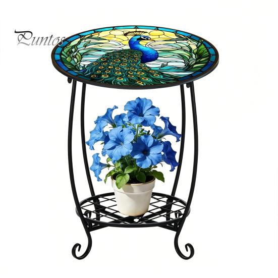 2-layer Storage Rack Outdoor Side Table, Round Small Mosaic Bird Butterfly Patio Accent, Indoor End Table Plant Coffee Tea for Yard Porch Garden