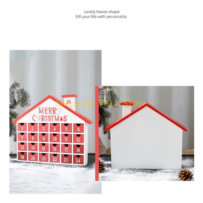 KX4B Christmas Wooden Advent Calendar House with Storage Drawers LED Lighted Countdown Number Ornament Holiday Home Desktop Gift