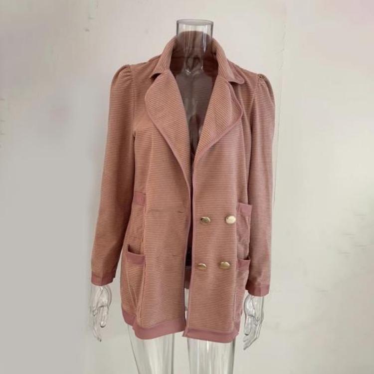 Women Fall Coat Long Sleeve Tweed Blazer Jacket Double Breasted Notched Lapel Ribbed Open Front with Pockets
