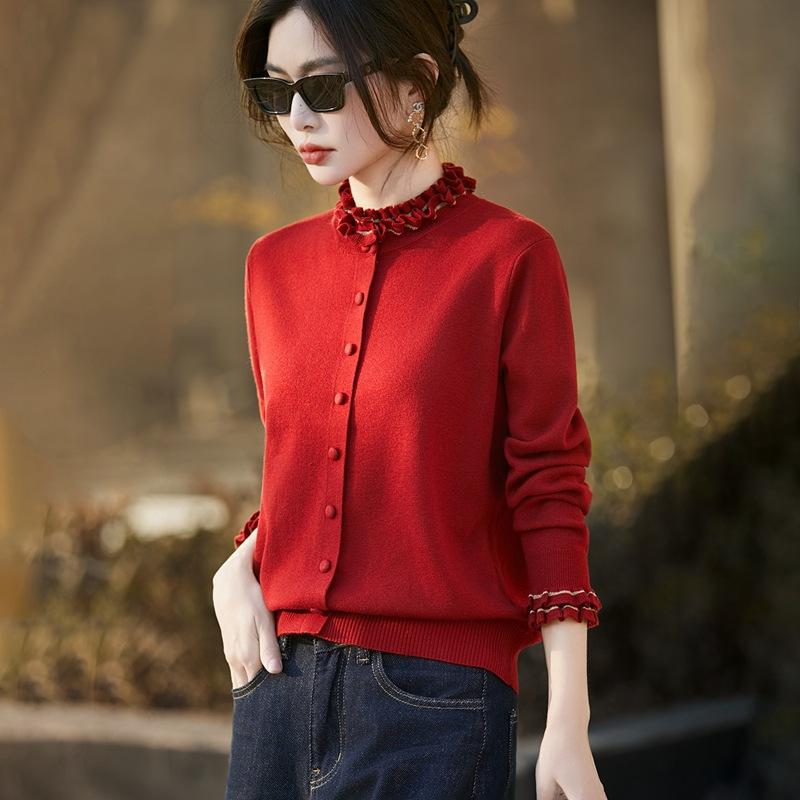 French Crochet Fungus Edge Collar Cardigan Women'S Autumn And Winter New Foreign Style Warm Base Stacked Sweater Jacket