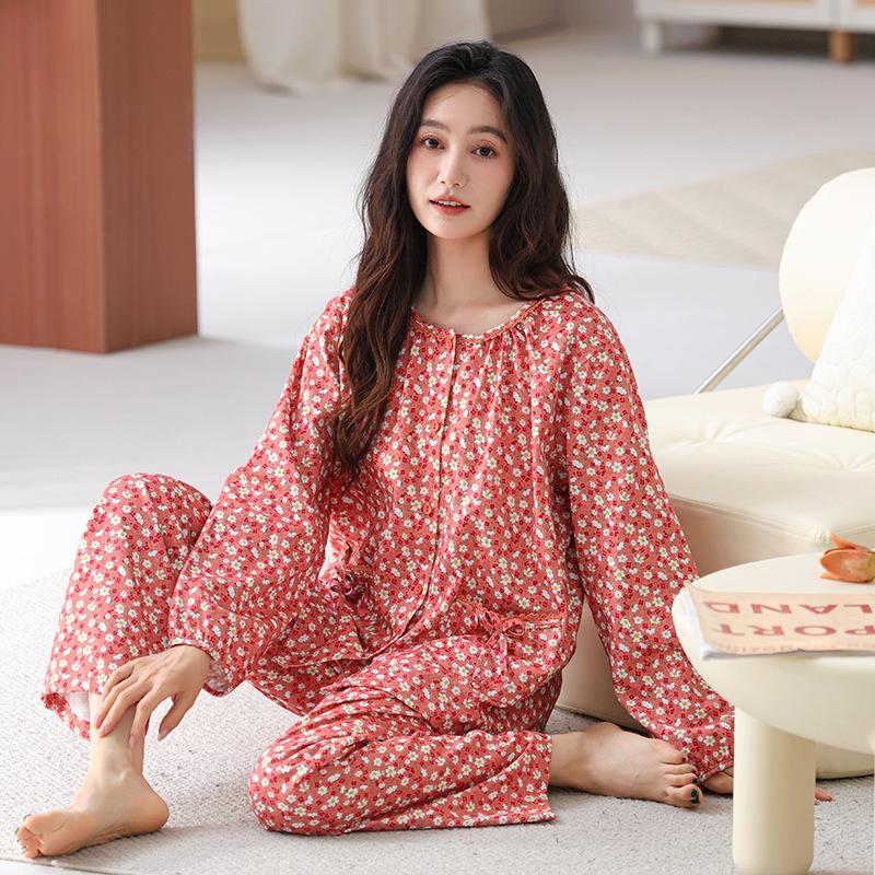 Pajamas Women's Spring and Autumn Woven Cotton Gauze Long-sleeved Small Floral 1011 New Pure Cotton Autumn Thin Loungewear