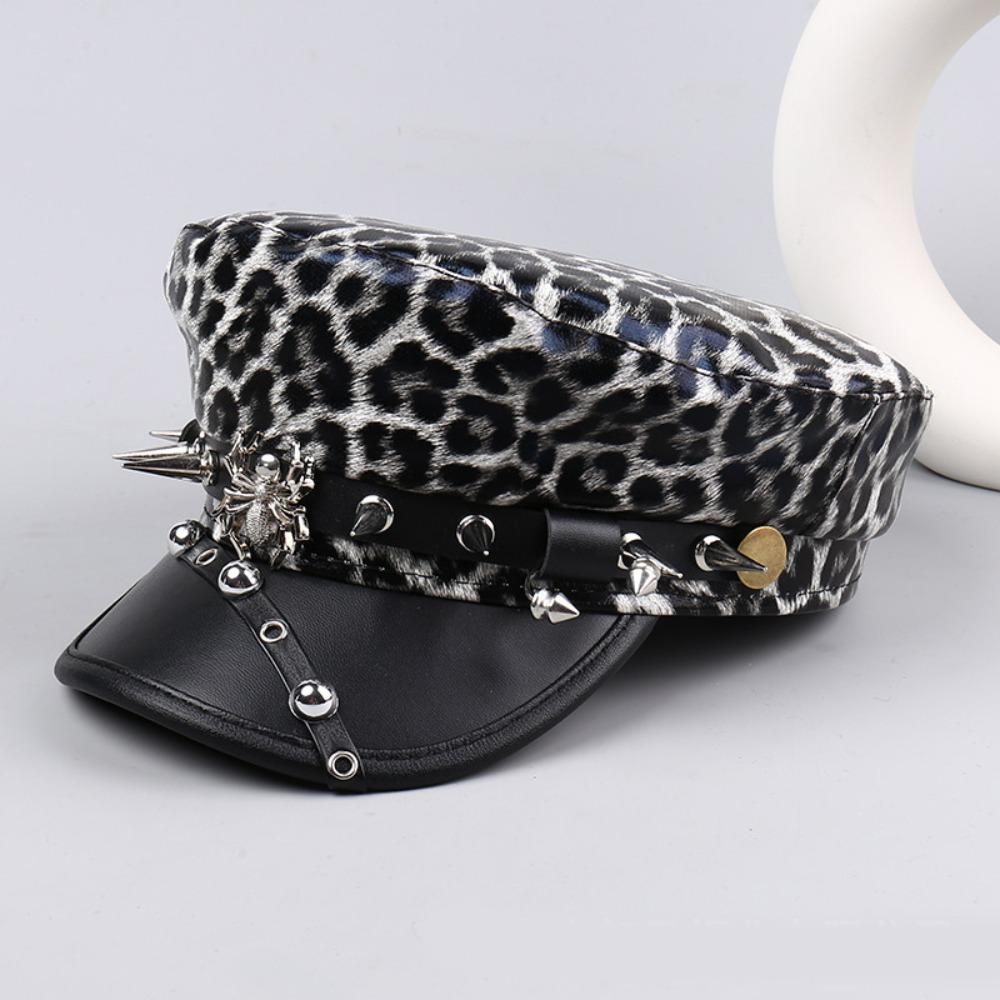 Punk Y2k Beret Hat Harajuku Flat Top Cap Vintage Rivet Leopard Hat  for Girls