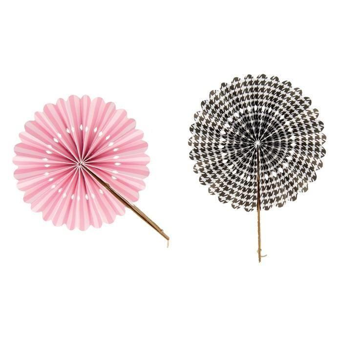 6 éventails en papier rose et noir