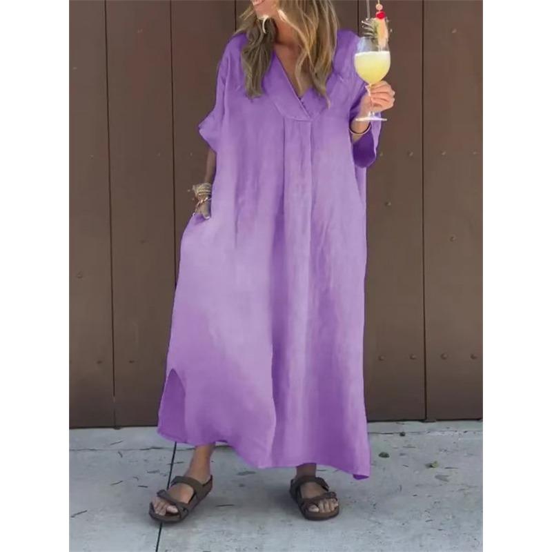 Womens Casual Short Sleeve V Neck Solid Color Long Dress