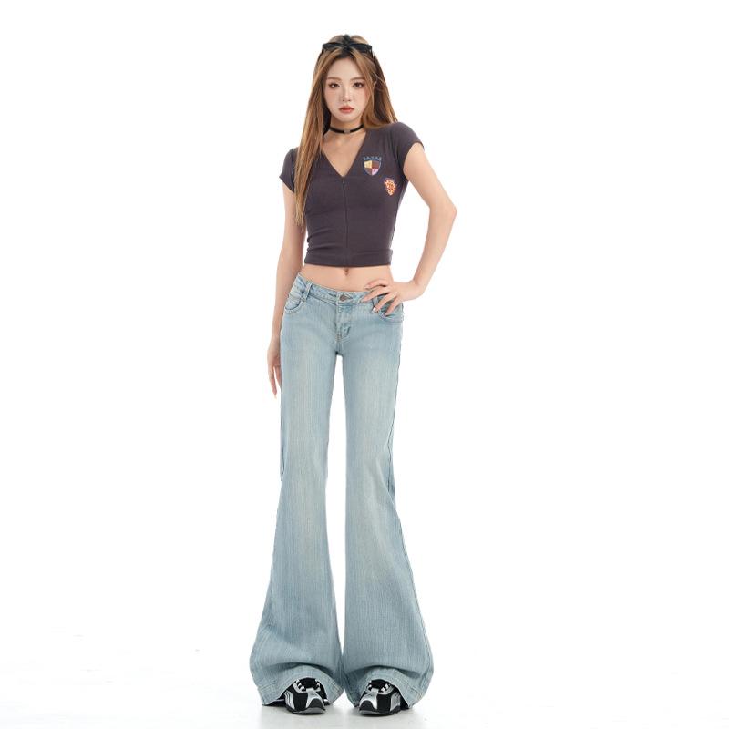 

Светло-голубые женские ретро джинсы микроклеш с низкой посадкой и бамбуковой текстурой - эластичные и стройнящие, стиль горячей девушки Extra Small