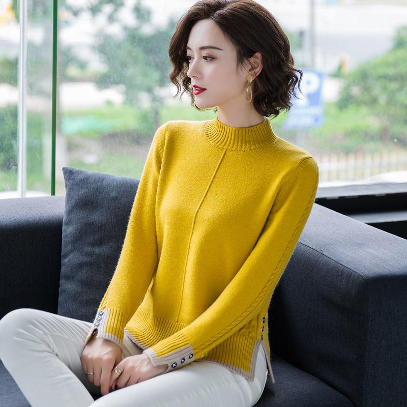 

Winter Knitted Sweater Women s Color Contrast Splicing Round Neck Long Sleeve Hoodie Top L жёлтый