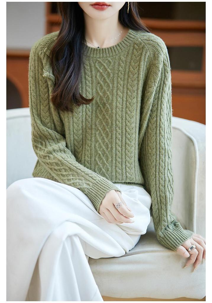 Women's Retro Chinese Style Wool Cable Knit Sweater - Autumn/Winter Versatile Layer Top