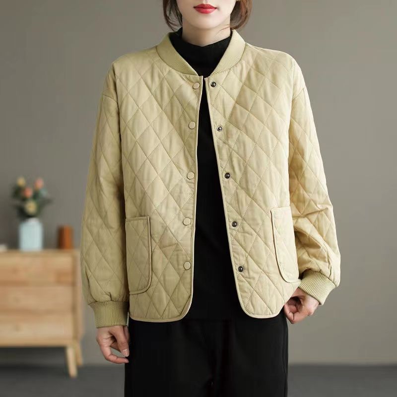 Autumn and Winter Women's Section Loose Solid Color Comfortable Jacket Round Neck Short Section Diamond Lattice Clip Cotton Jacket