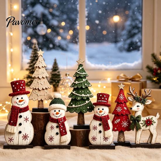 Handcrafted Holiday Gift Ideas 7Pcs Christmas Wooden Tabletop Ornaments, Snowman Tree Reindeer Tiered Tray Table Centerpieces Decor for Mantel, Rustic