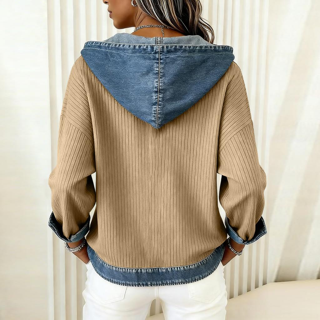 Damen Karo Denim Kapuzenpullover Patchwork Denim Pullover Langarm für Damen