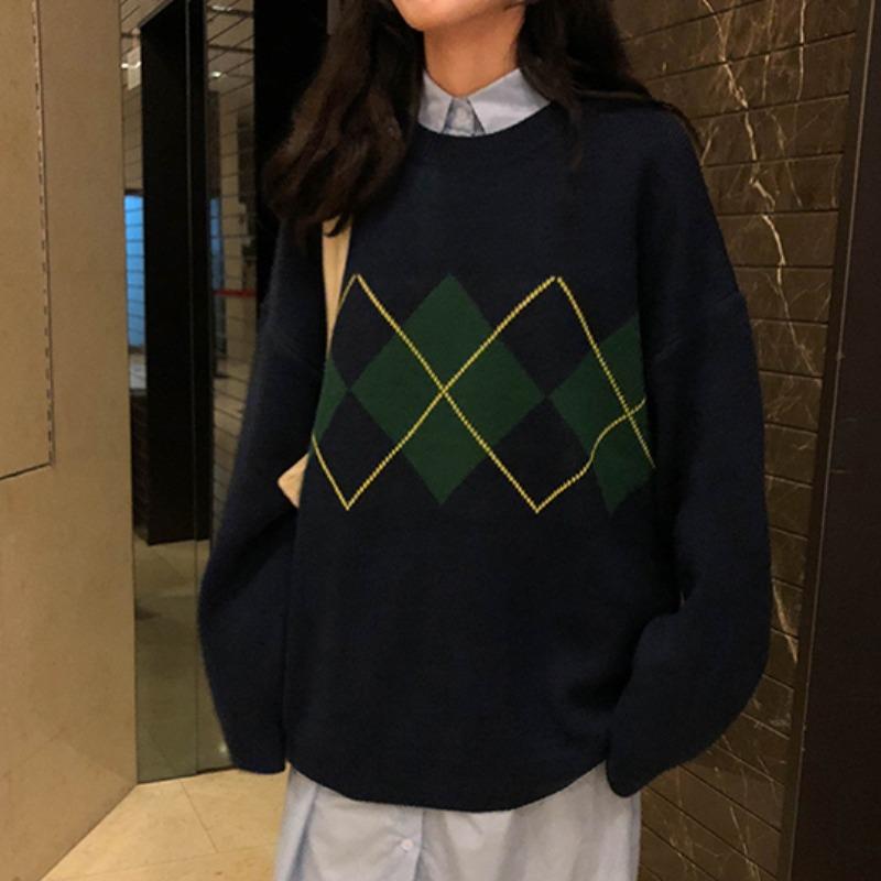 Loose and casual all-match rhombic pattern sweater for outerwear, autumn and winter new thick knit sweater women's top