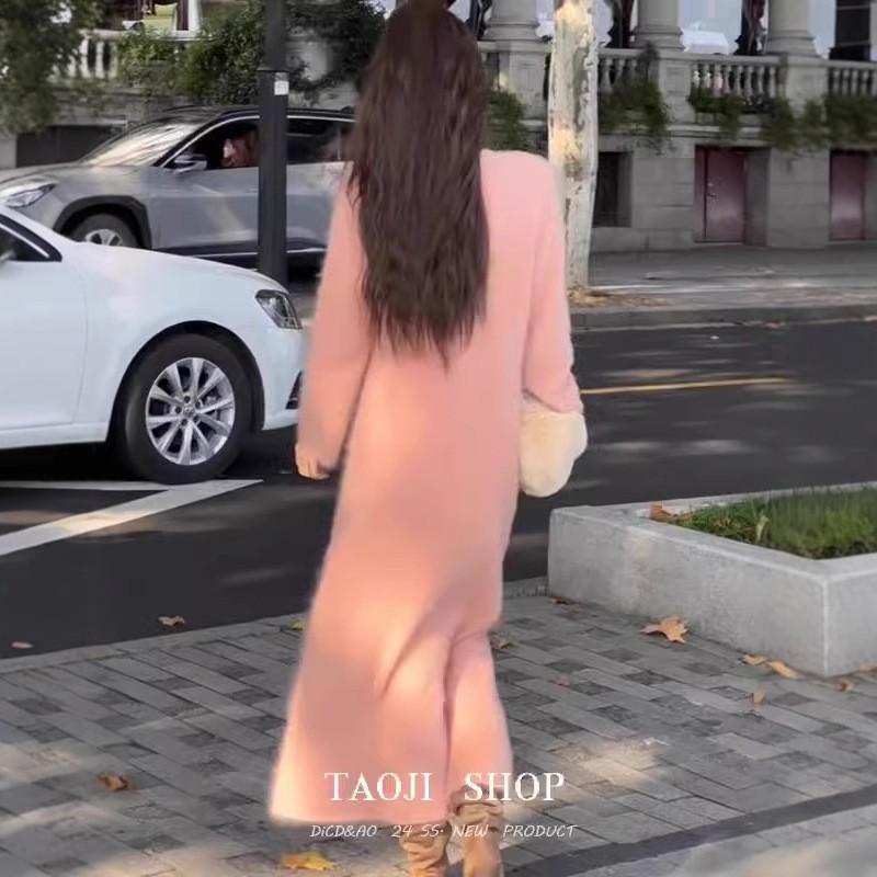 Soft Pink V-Neck Long Sleeve Knit Dress A-Line Loose Waist Womens Elegant Outfit