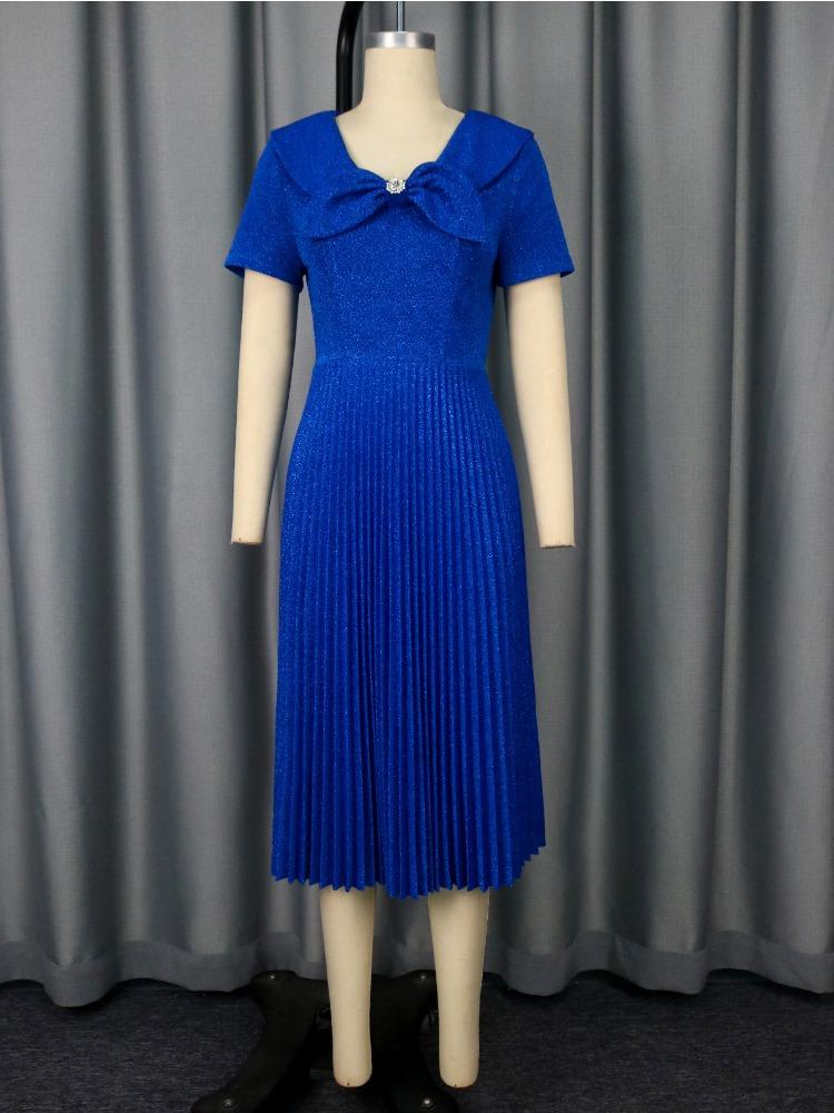 Blue Pleated Long Casual Dresses for Womenvintage Dress Mid Calf Turn Down Collar Short Sleeves High Waist Slim Dress 2025