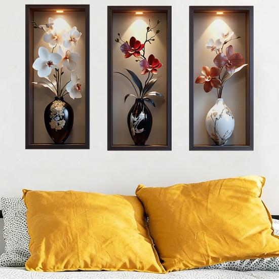 3 Pcs 3D Wall Vase Flower Wall Stickers Vintage Art Self-Adhesive Colorful
