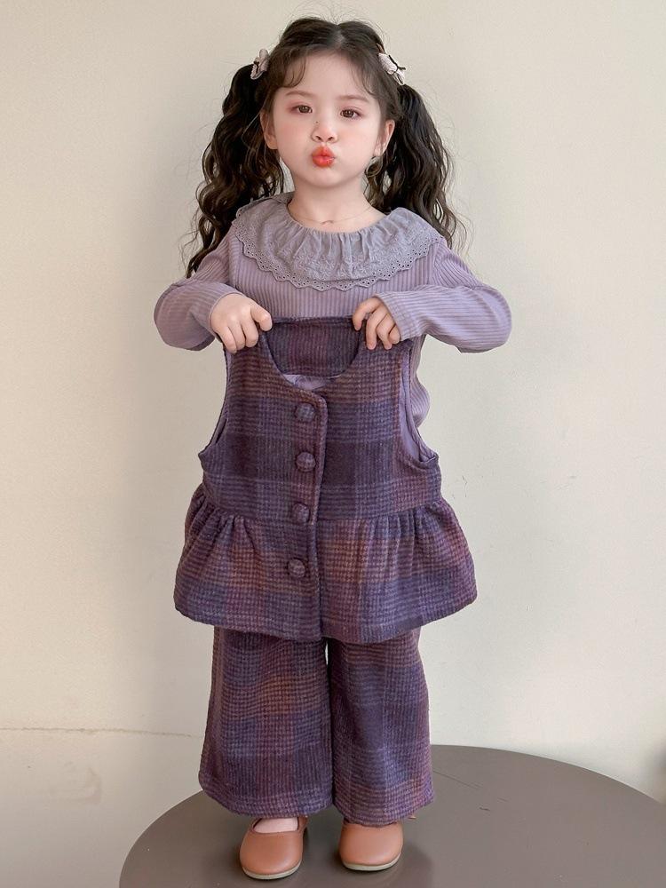 Girls' 2025 Spring Plaid Three-Piece Outfit - Korean-Style Fashion for Baby and Toddlers