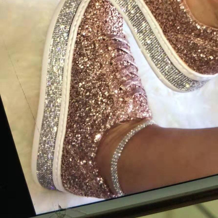 Spring Fashion Rhinestone Sequin Women's Plus Size Lace-up Flat Shoes