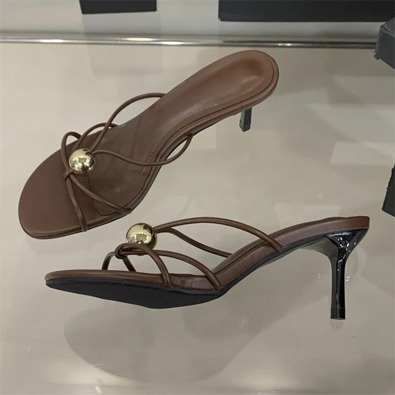 Fashion Eilyken Summer Square Toe Slide Women Slippers Design Style Narrow Band Thin Low Heels Party Dress Female Shoes