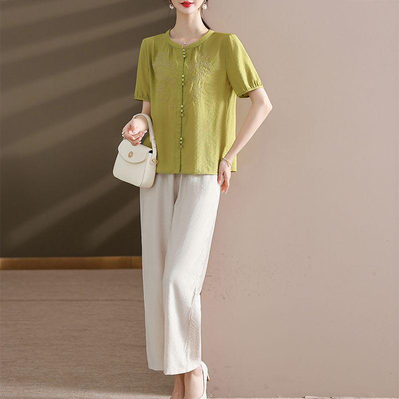 

Elegant Chiffon Floral Embroidery Short Sleeve Shirt for Middle-aged and Elderly Women L [Recommended 80-105 jin]