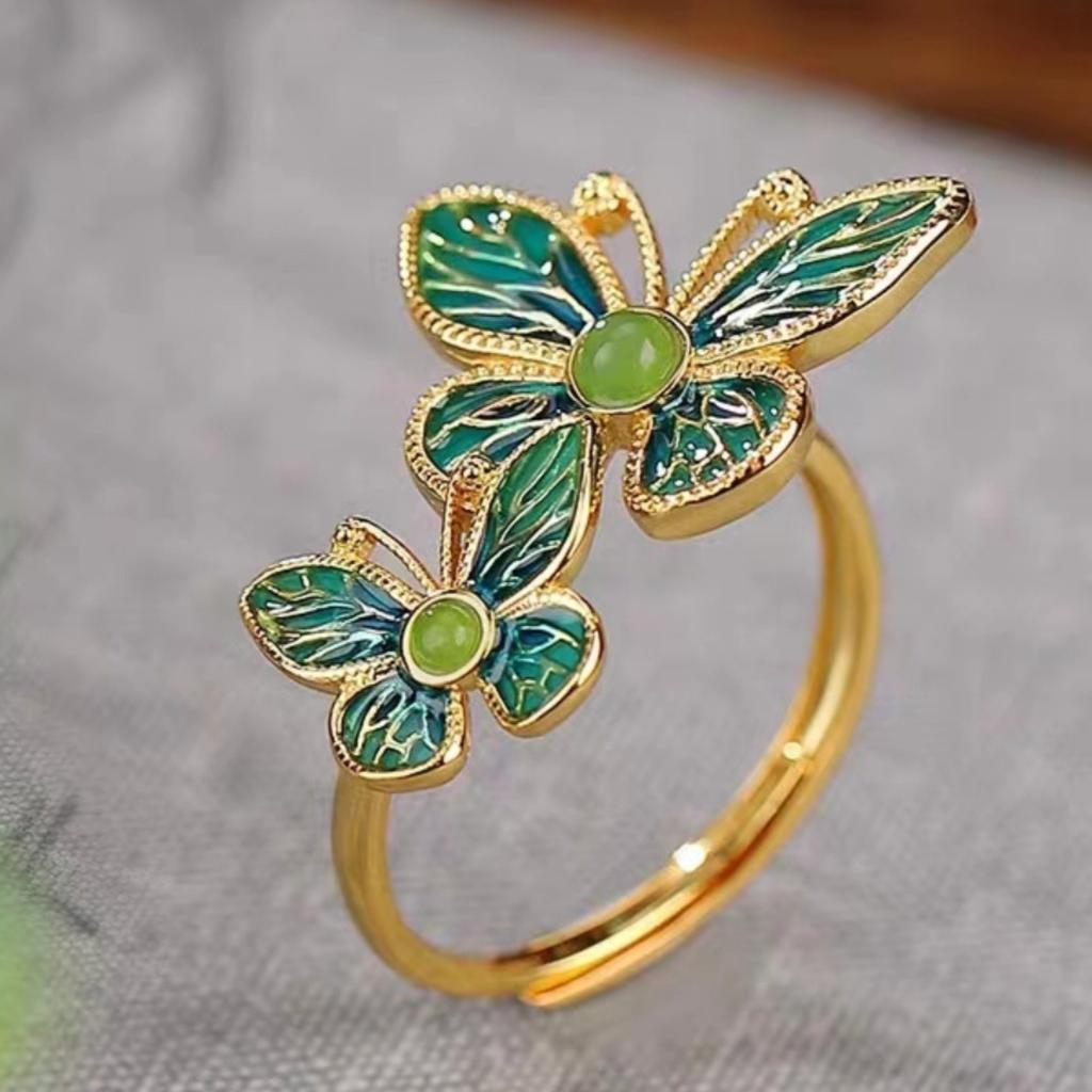 Natural Jasper Double Butterfly Ring for Women s925Gold-plated, Enamel-painted, Niche Design with an Ancient and Ethereal Feel, Adjustable Opening