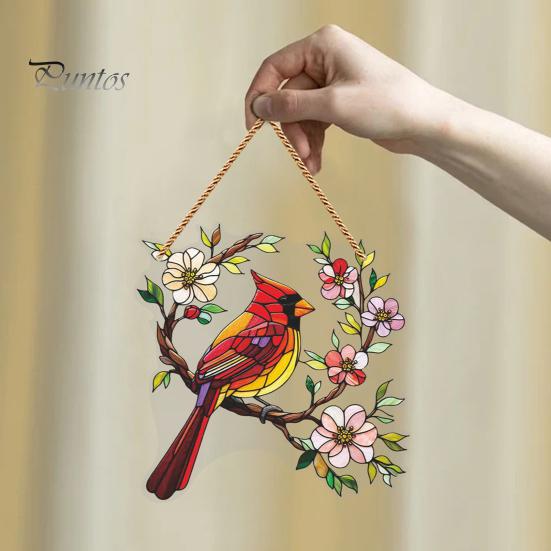 Durable Wall Hanging 1/2Pcs Acrylic Red Bird Decoration, Standing on Flower Pastoral Home Decor Branch Ornament, Indoor Outdoor Window Theme Garden