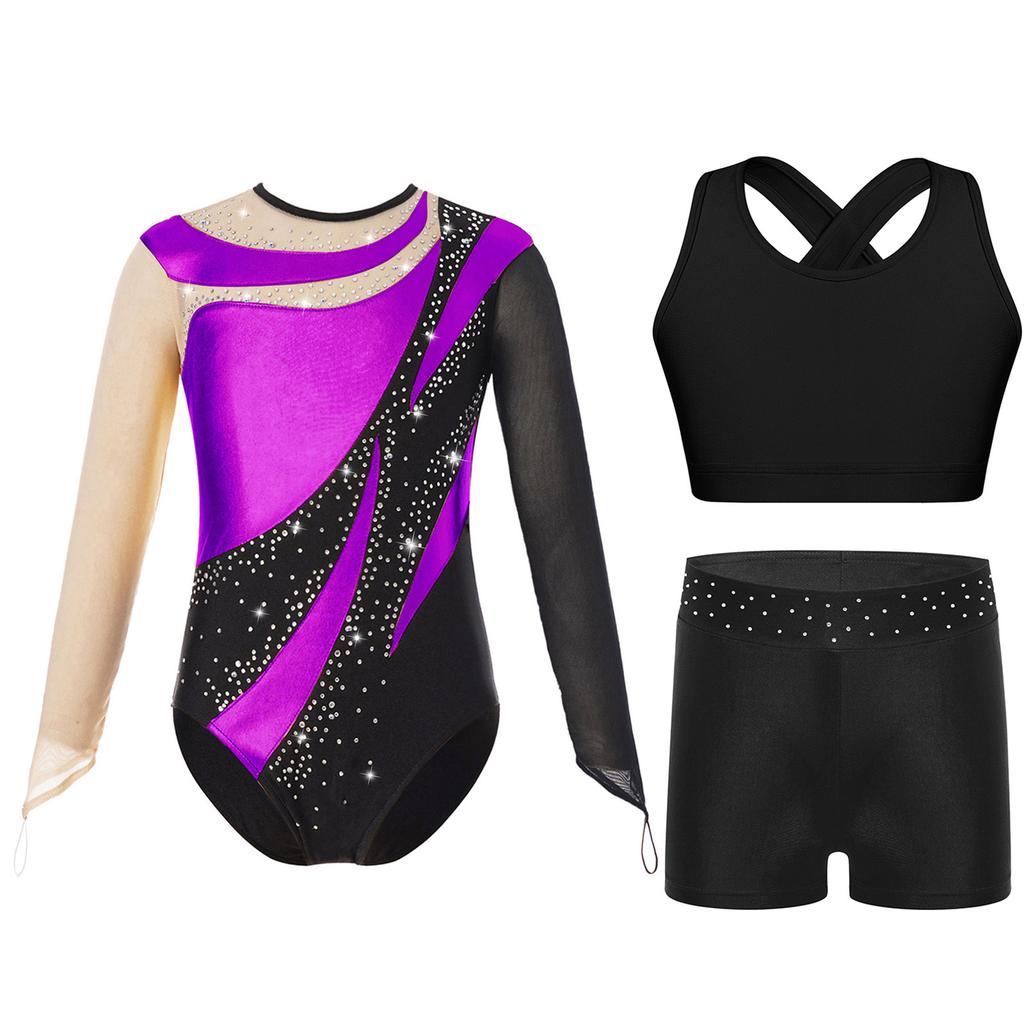 Gymnastics Leotard for Girls Kids with Shorts Long Sleeve Tumbling Ballet Dance Unitard with Active Vest
