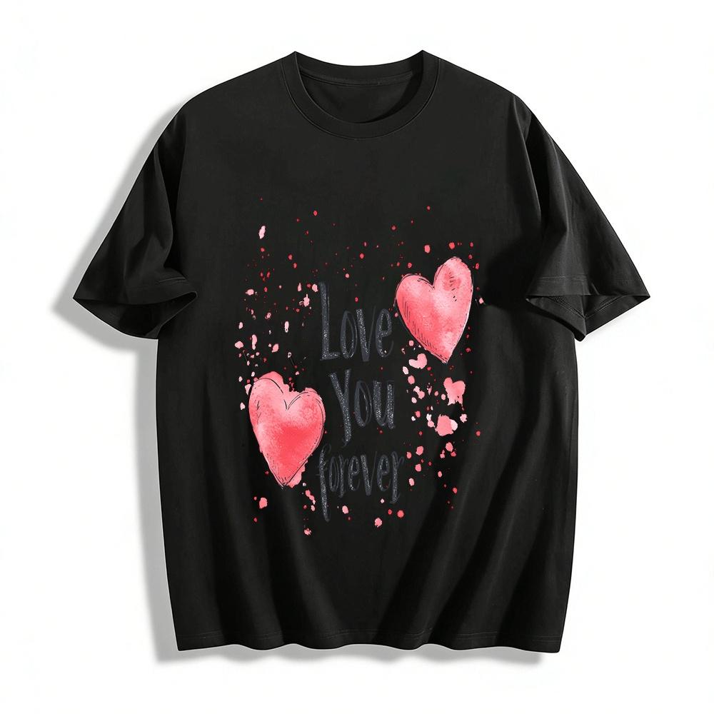 Love You Forever Watercolor Heart Print Casual Couple T-Shirt Pure cotton T-shirt XXS