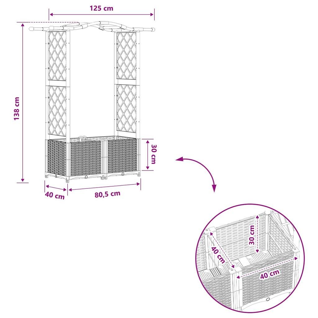 Elevated Planter with Trellis and Hanging Roof Black 125 x 40 x 138 cm PP