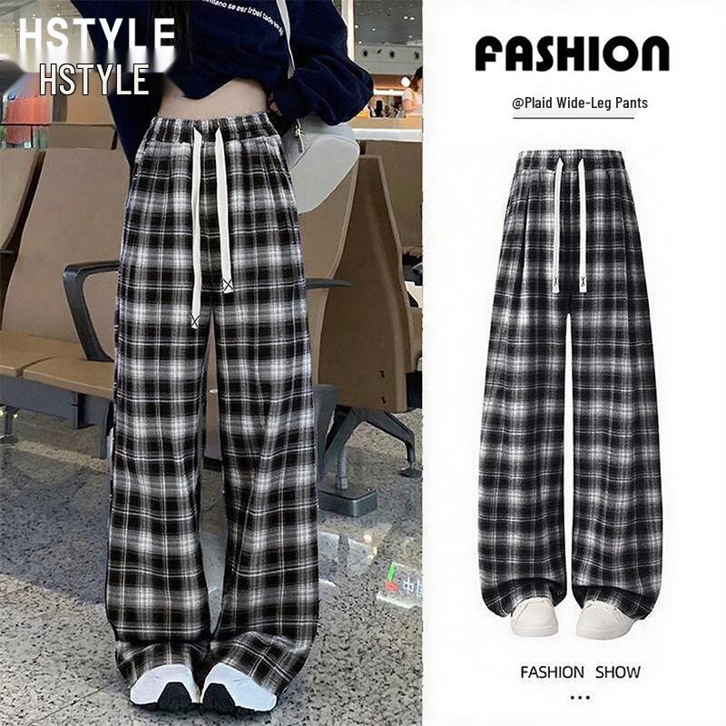 HSTYLE Women's Plaid High-Waisted Wide-Leg Casual Pants