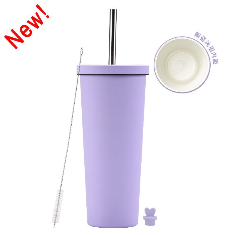 2025 Ceramic Liner Milk Tea Cup Large Capacity 830Ml Thermos Cup Stainless Steel Straw Cup