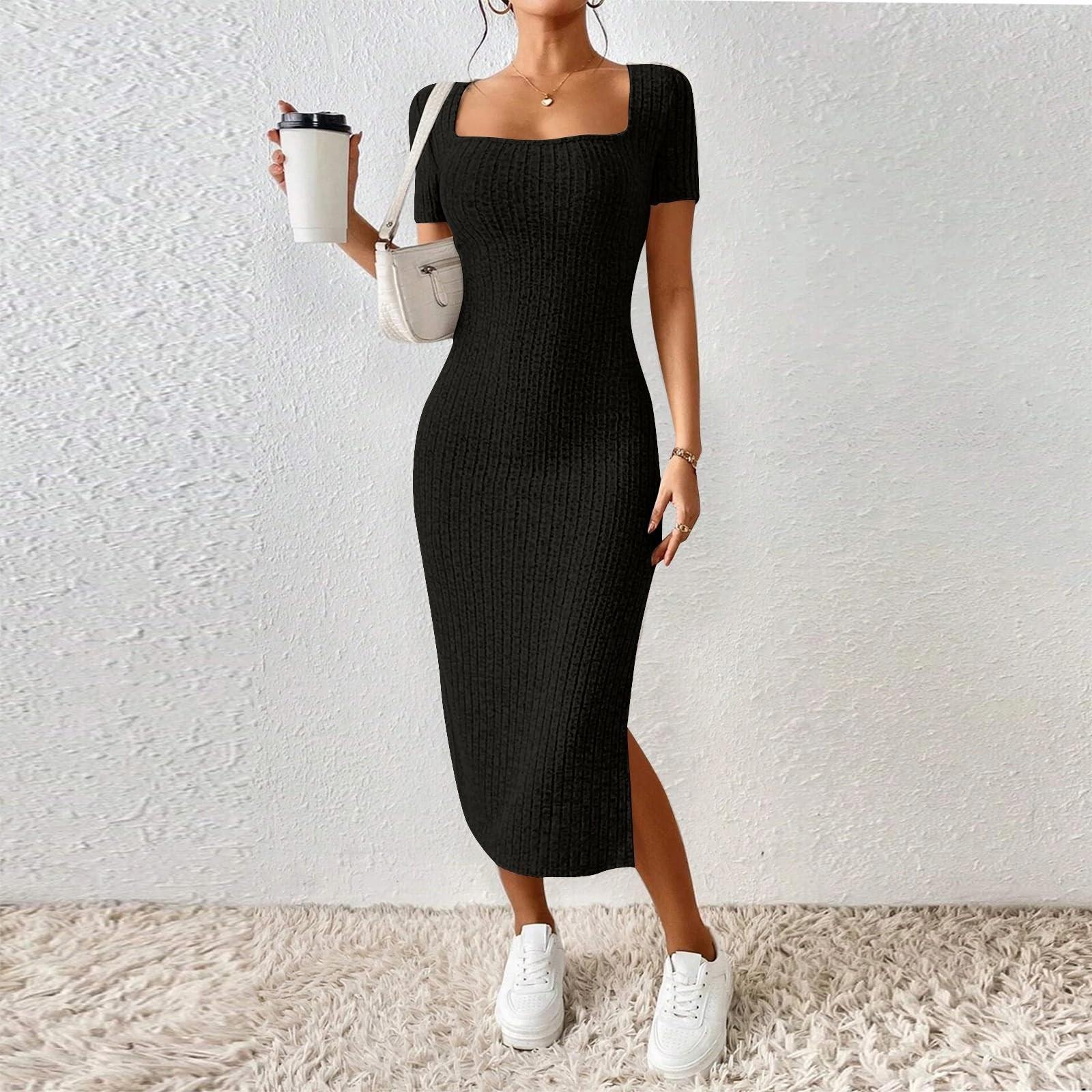 

Новое женское французское платье с квадратным вырезом и короткими рукавами с боковым разрезом XL чёрный