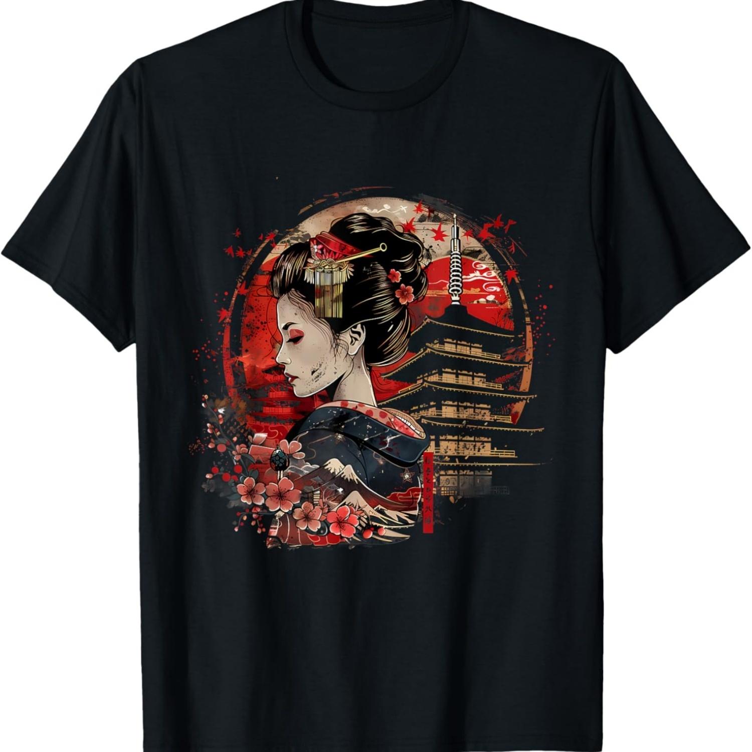 Geisha Sakura Cherry Blossom Pagoda  Art T-Shirt S чёрный