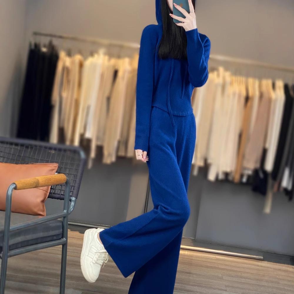 2024 Autumn Wool Pants & Hooded Knit Sweatshirt: Korean Style Socialite Slim-Fit Gray Two-Piece Set