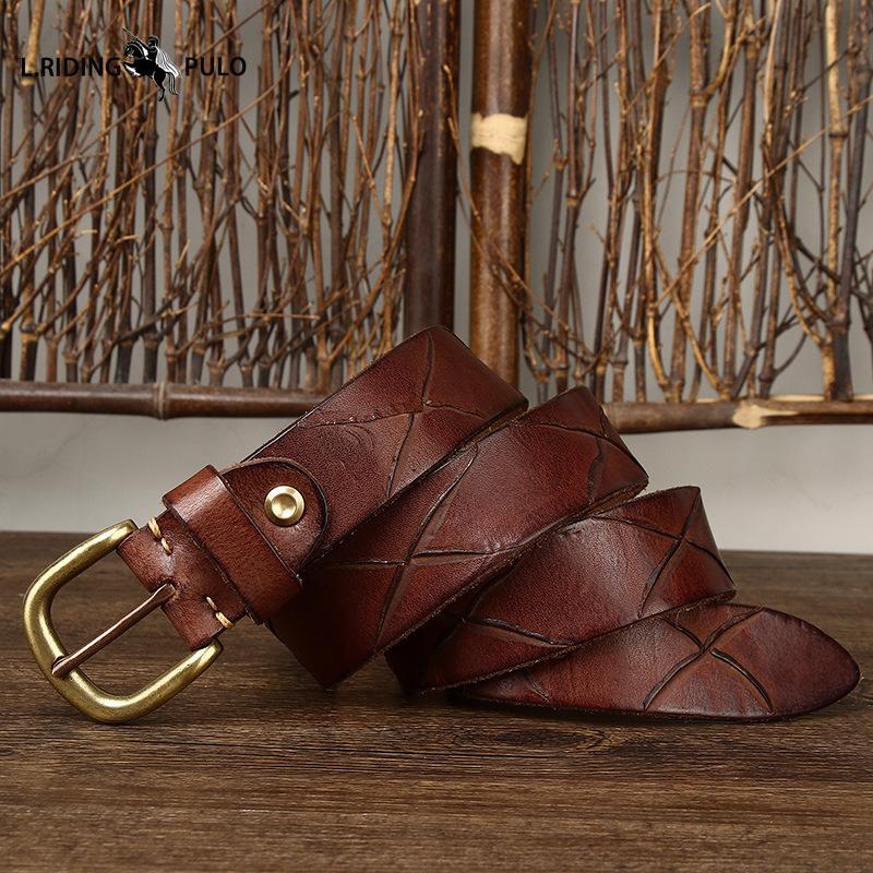 Cintura da Uomo in Pelle con Motivi Dipinti a Mano, Fibbia ad Ardiglione in Vera Pelle, Elegante Cintura Coreana in Pelle di Mucca