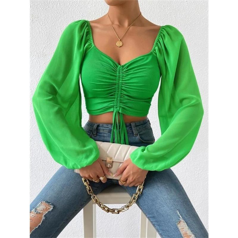 Spring Women's Blouse Low-cut Sexy V-neck Splicing Chiffon Drawstring Lantern Sleeve Slim Tops