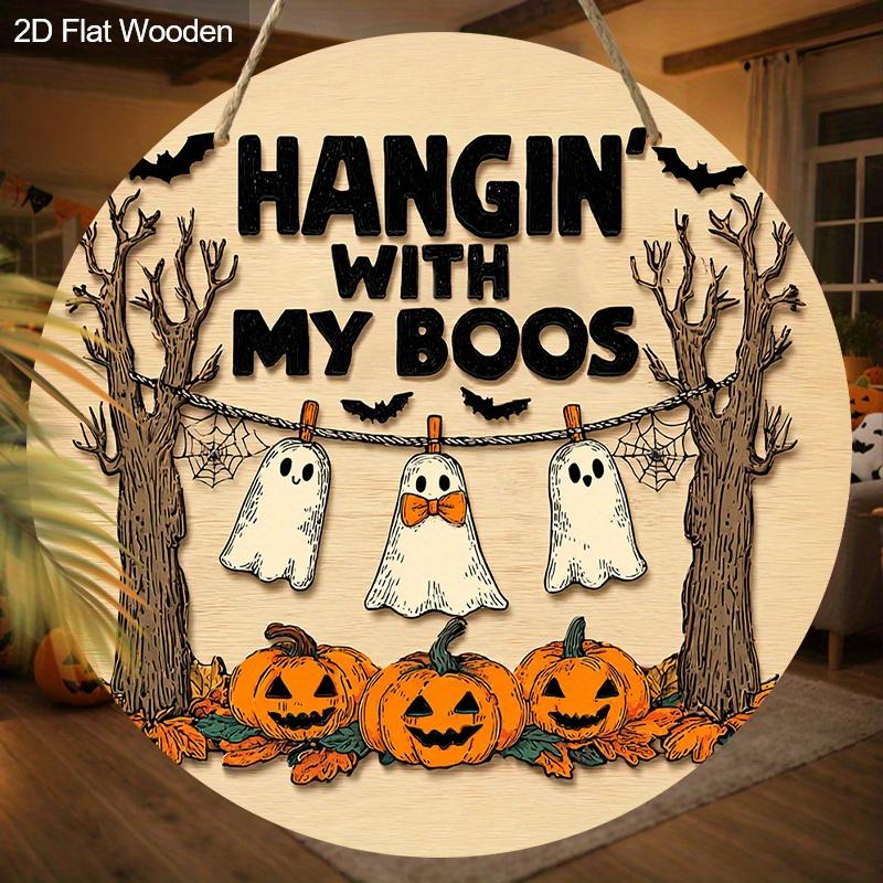 Rustic Halloween Wooden Sign with Ghosts & Pumpkins Pattern - Figurine Ornaments - Ideal for Front Door, Wall Decor - Ideal Halloween Gift for Friend