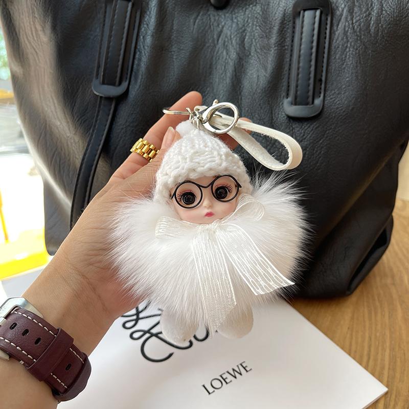 Cute Big Eyed Doll Pompom Keychain Real Fox Fur Bag Charm for Women Bag Key Ring Fine Jewelry Accessories Kids Girl Gift