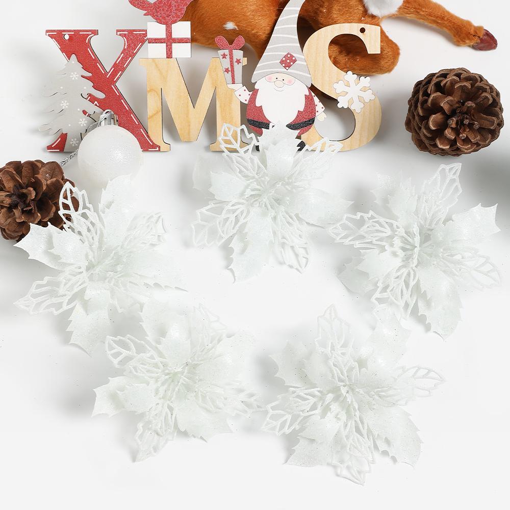 

5/10 шт. Блестящие рождественские украшения Искусственные цветы Рождественская елка Гирлянда Искусственные цветы для домашнего декора Навидад Новогодний аксессуар 5PCS белый